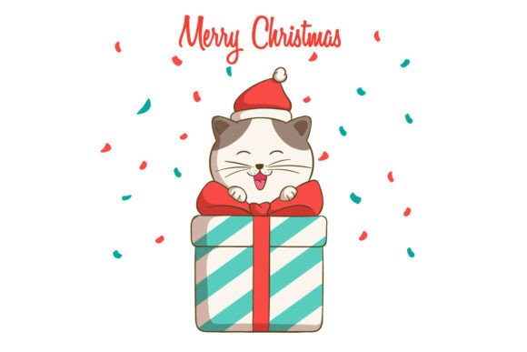 Cute Cat on Top of a Christmas Gift: A Versatile Illustration for Seasonal Content