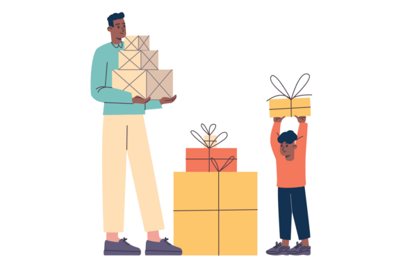 Father and Son Wrapped Christmas Present Illustrations for Local Business Branding