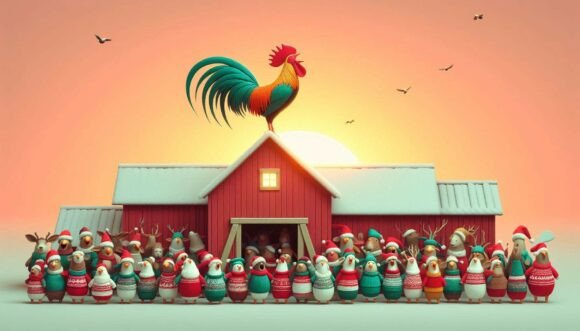 Rooster Christmas Dawn: A Vibrant Illustration for Festive Design Projects